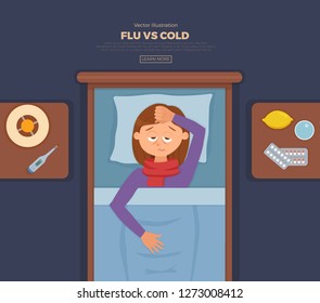 Sick girl in bed with the symptoms of  cold, flu. Cartoon vector character on pillow with blanket and scarf, medicine, lemon, thermometer. Illustration of unhealthy woman with a high fever, headache. 