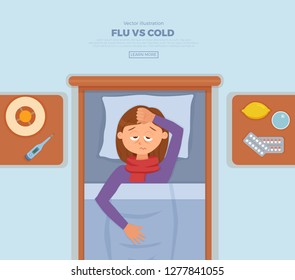 Sick girl in bed with the symptoms of  cold, flu. Cartoon vector character on pillow with blanket and scarf, medicine, lemon, thermometer. Illustration of unhealthy woman with a high fever, headache. 