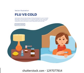 Sick girl in bed with the symptoms of  cold, flu. Cartoon vector character on pillow with blanket and scarf, medicine, lemon, thermometer. Illustration of unhealthy woman with a high fever, headache.