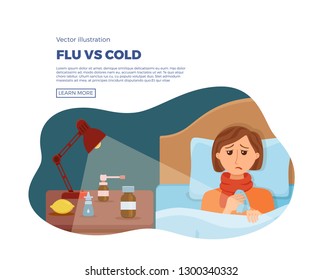 Sick girl in bed with the symptoms of  cold, flu. Cartoon vector character on pillow with blanket and scarf, medicine, lemon, thermometer. Illustration of unhealthy woman with a high fever, headache.