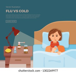 Sick girl in bed with the symptoms of  cold, flu. Cartoon vector character on pillow with blanket and scarf, medicine, lemon, thermometer. Illustration of unhealthy woman with a high fever, headache.