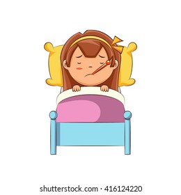 Sick Girl In Bed, Vector Illustration