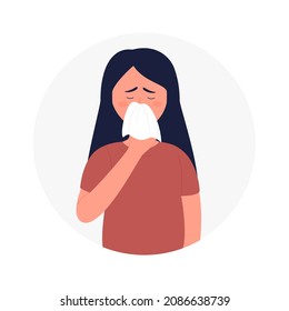 Sick girl blowing her nose into handkerchief. Alergical side effects or sinusitis inflammation flat vector illustration