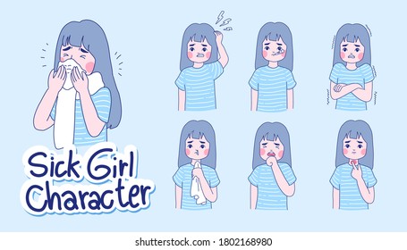 Sick girl character design of vector. Character set. Doodle illustration.