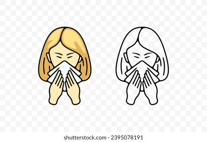 Sick girl or child blowing her nose or sneezing into handkerchief, graphic design. Disease, illness, sickness, virus and treatment, vector design and illustration