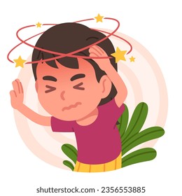 Sick girl child feeling dizzy. Exhausted person suffering from dizziness or headache disease symptom. Vertigo, migraine pain problem, head ache illness, health care concept flat vector illustration