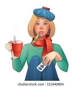 Sick girl. Cold. Medications, thermometer, cup of tea. Vector isolated illustration. Cartoon character. Young girl, suffering from quinsy, or flu or any other virus cold.