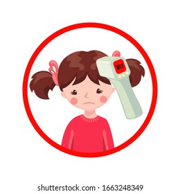 Ein kranzes Mädchen mit berührungslosem Infrarot-Thermometer, das die Wärmetemperatur einzeln auf weißem Hintergrund zeigt. Illustration im flachen Cartoon-Stil. Vektorillustration.
