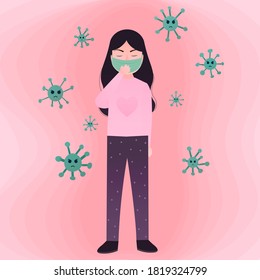 Sick girl cought, alergy,flu or cold sympoms, heathcare concept, coronavirus disease and prevention concept, vetor illustration medical