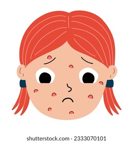 Sick girl face. Little kid emotion. Close up portrait of ill character. Vector illustration