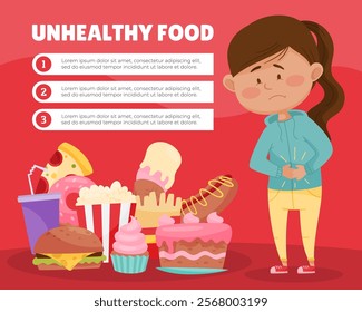 Sick Girl Feel Unwell After Eat Unhealthy Food Banner Design Vector Template