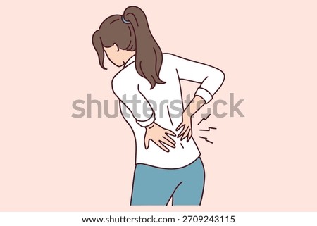 Sick girl feeling sharp pain in spine or kidneys. Concept of health problems, injury or fatigue where female character holds painful lower back