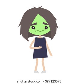 Sick girl with green face vector cartoon illustration
