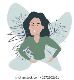 Sick girl. The girl has a violent cough. Coronavirus infection. Image of a cough. Symptoms of colds. Vector illustration