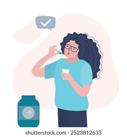 Sick girl holds pill and water in hands. Female character takes pills and drinks them with water. Treatment and fight against viruses, healthcare. Woman with medicines. Antibiotic, painkiller. vector