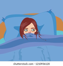 Sick girl lying in bed