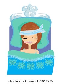 sick girl lying in bed