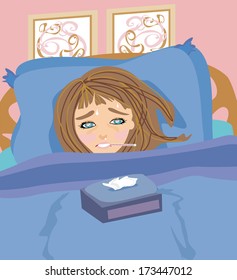 sick girl lying in bed 