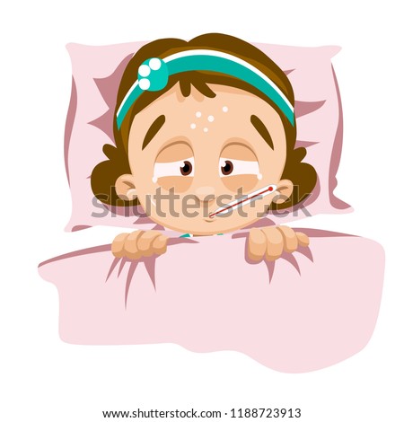 Sick girl lying in bed with thermometer in mouth. Little girl covered in blanket measuring temperature. Sick child sweating from fever. Children illness and treatment isolated vector illustration