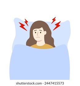 Sick girl lying in bed. Tired woman with sleeping problem. Healthcare, insomnia, sleep disorder, stress, anxiety, lifestyle concepts. Flat character vector design isolated illustrations.