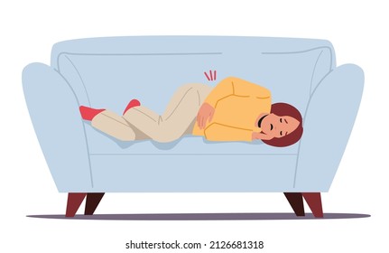 Sick Girl Lying On Sofa With Abdominal Ache, Kid Suffering Of Pain In Stomach Isolated On White Background. Child Character Disease, Health Care Medical Concept. Cartoon People Vector Illustration