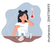 A sick girl measures her body temperature. A young woman with a headache surrounded by medicines and pills. Flu, a viral disease. Cold and fever. Coronavirus. Vector illustration