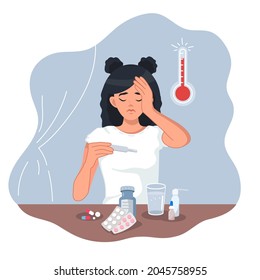 A sick girl measures her body temperature. A young woman with a headache surrounded by medicines and pills. Flu, a viral disease. Cold and fever. Coronavirus. Vector illustration