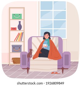 Sick girl on self-isolation at home takes medicine. Woman with flu is drinking hot tea. Owner of cat wrapped in blanket having cold is sitting on sofa. Health care and home treatment concept