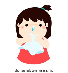 Sick girl runny nose vector illustration.