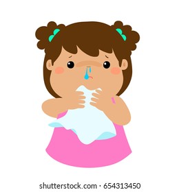 Sick girl runny nose vector illustration.