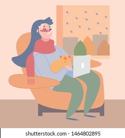 Sick girl with scarf sitting in armchair near window. Seasonal health problem, infection, virus. Ill woman with sore throat staying at home with cat on rainy day. Flat cartoon vector illustration