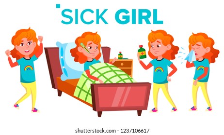 Sick Girl Schoolgirl Vector. Ill Child. Teenage. For Web, Brochure, Poster Design. Isolated Cartoon Illustration