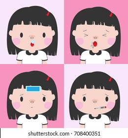 Sick girl, set vector illustration