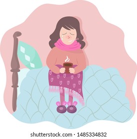 Sick girl sitting on the bed with a thermometer in mouth, vector illustration.