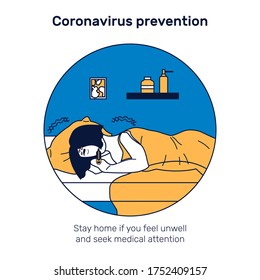 Sick girl sleeps in bed. Young woman with high temperature lays at home. Coronavirus prevention illustration with text stay home if you feel unwell and seek medical attention. Flat isolated vector