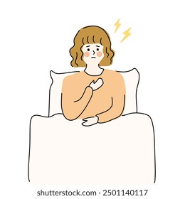 Krankes Mädchen, das an Fieberkälte leidet. Frau, die im Bett liegt. Gesundheit, Krankheit, Grippesymptom, Krankheit, Behandlung, medizinische Konzepte.Handgezeichnetes Vektordesign, einzelne Illustration.