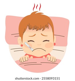 Sick girl with thermometer on mouth ill on bed vector illustration. Female baby showing Covid symptoms with fever