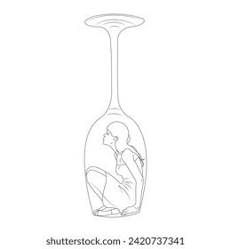 Sick girl under a glass. Minimalism style. The concept of fighting alcoholism, anti-alcohol advertising.Design for banner, decor, clubs, cafes, tattoos, party logos, clothing printing. Isolated vector