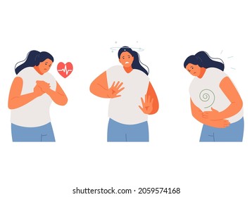 Sick girl with various diseases and symptoms. Heart attack, dizziness, gastritis. Vector medical illustration