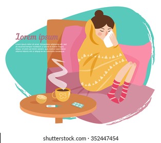 Sick girl.  Vector isolated illustration. Cartoon character.