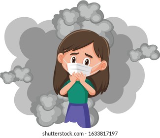 Sick girl wearing mask with smoke in background illustration