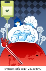 Sick Globe and Sad Animal - a painful red earth suffer from high fever and bursting a thermometer and receive treatment from a cute penguin on blue background with chess patterns : vector illustration