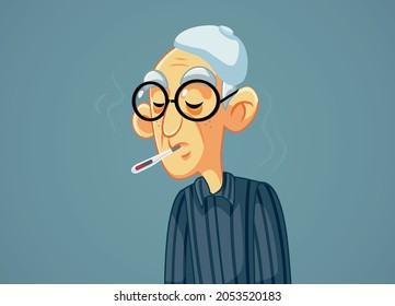 Sick Grandfather Having High Fever Vector Illustration. Elderly man feeling febrile having chills and trembling
