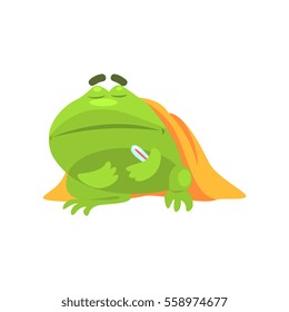 Sick Green Frog Funny Character With Blanket And Thermometer Childish Cartoon Illustration
