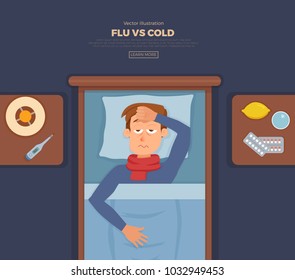 Sick guy in bed with the symptoms of  cold, flu. Cartoon vector character on pillow with blanket and scarf, medicine, lemon, thermometer. Illustration of unhealthy men with a high fever, headache. 