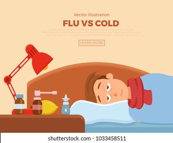 Sick guy in bed with the symptoms of  cold, flu. Cartoon vector character on pillow with blanket and scarf, medicine, lemon, thermometer. Illustration of unhealthy men with a high fever, headache. 