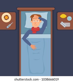 Sick guy in bed with the symptoms of  cold, flu. Cartoon vector character on pillow with blanket and scarf, medicine, lemon, thermometer. Illustration of unhealthy men with a high fever, headache. 