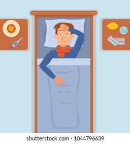 Sick guy in bed with the symptoms of  cold, flu. Cartoon vector character on pillow with blanket and scarf, medicine, lemon, thermometer. Illustration of unhealthy men with a high fever, headache. 