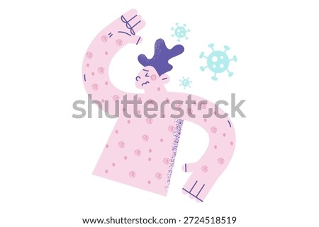 Sick guy covered in red spots on body struggle with measles or rash virus. Unhealthy man suffer from rubella or dermatitis. Healthcare and medicine. Infectious disease. Flat vector illustration.