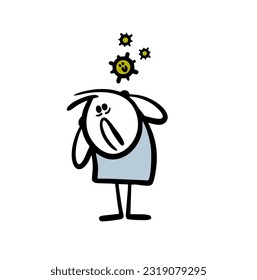 Sick-Junge entkommt einem aggressiven Covid-Virus. Vektorgrafik der Bedrohung durch ein pandemisches lustiges Monster. Cartoon-Aufkleber einzeln auf weißem Hintergrund.